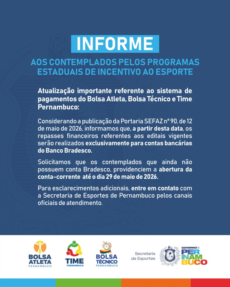 Pagamentos do Bolsa Atleta, Bolsa Técnico e Time Pernambuco passam a ser feitos via Bradesco